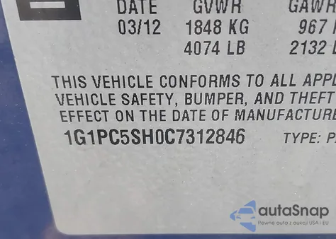 2012 Chevrolet Cruze Ls from USA, damaged, VIN 1G1PC5SH0C7312846